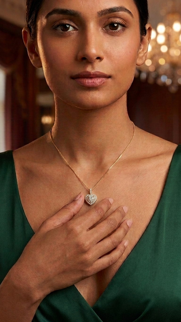 A woman wearing a delicate gold chain necklace with a sparkling heart-shaped pendant, styled with a dark green satin top against a warm, softly blurred background.