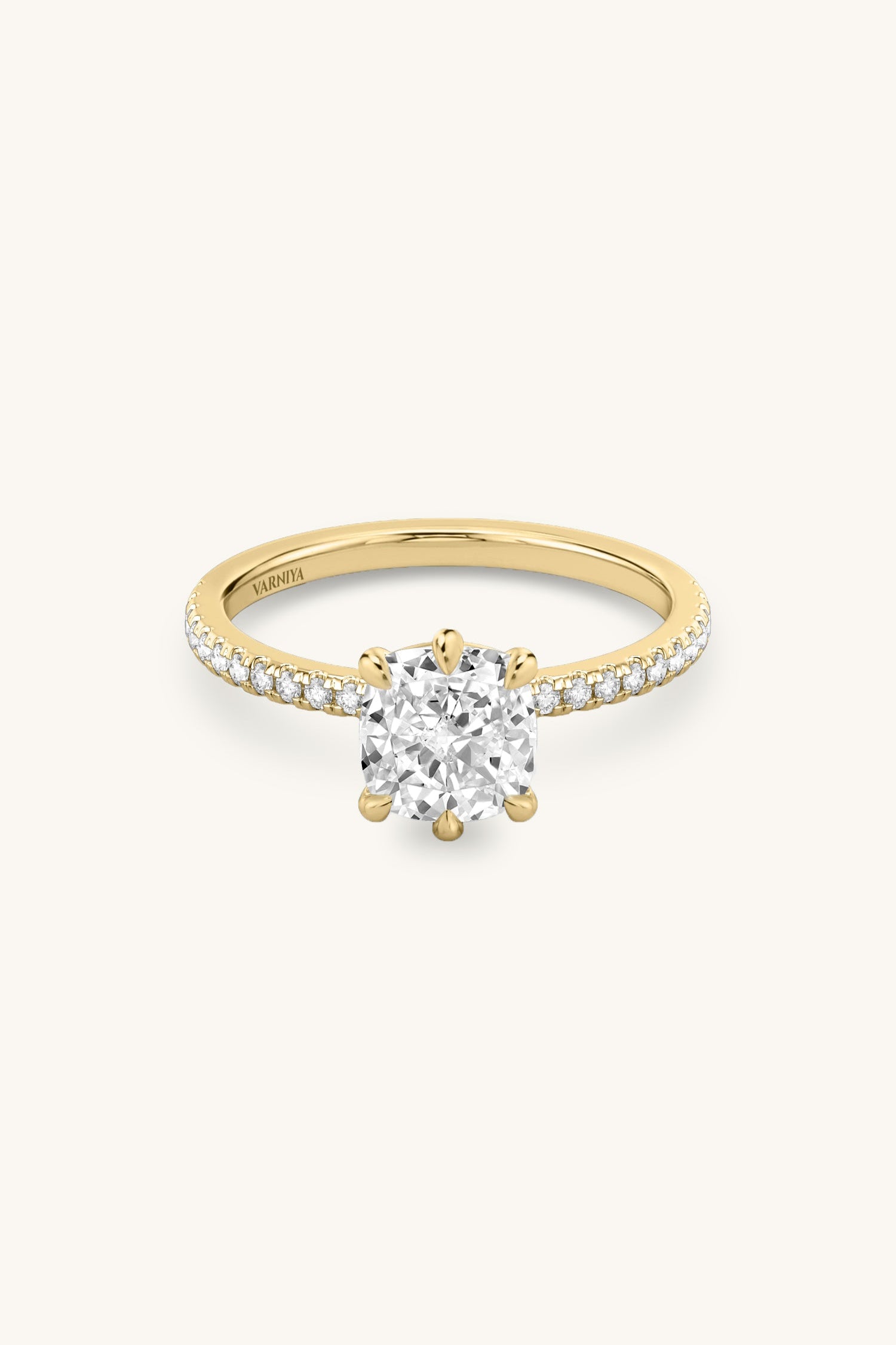 6 Prong Classic Grace Pavé Ring with Cushion Solitaire