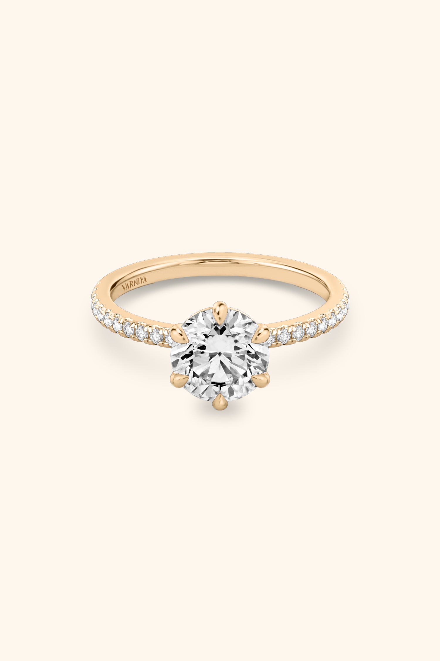 6 Prong Classic Round Brilliant Solitaire Pavé Ring