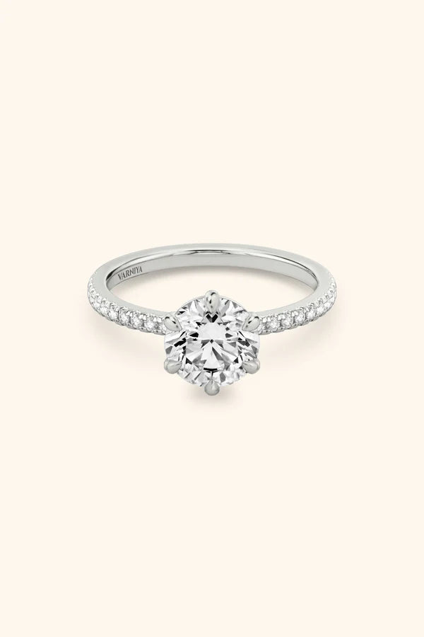 6 Prong Classic Pavé Ring with Round Brilliant Solitaire