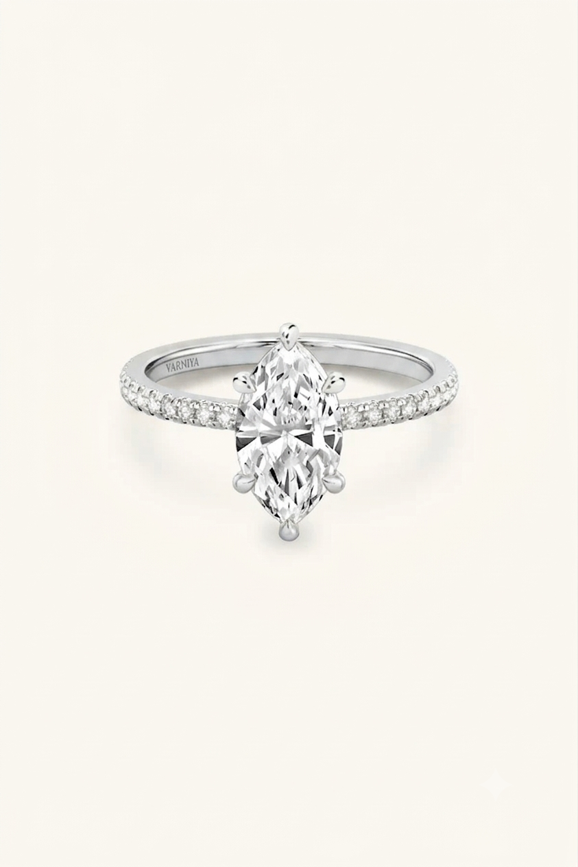 6 Prong Classic Grace Pavé Platinum Ring with Marquise Solitaire