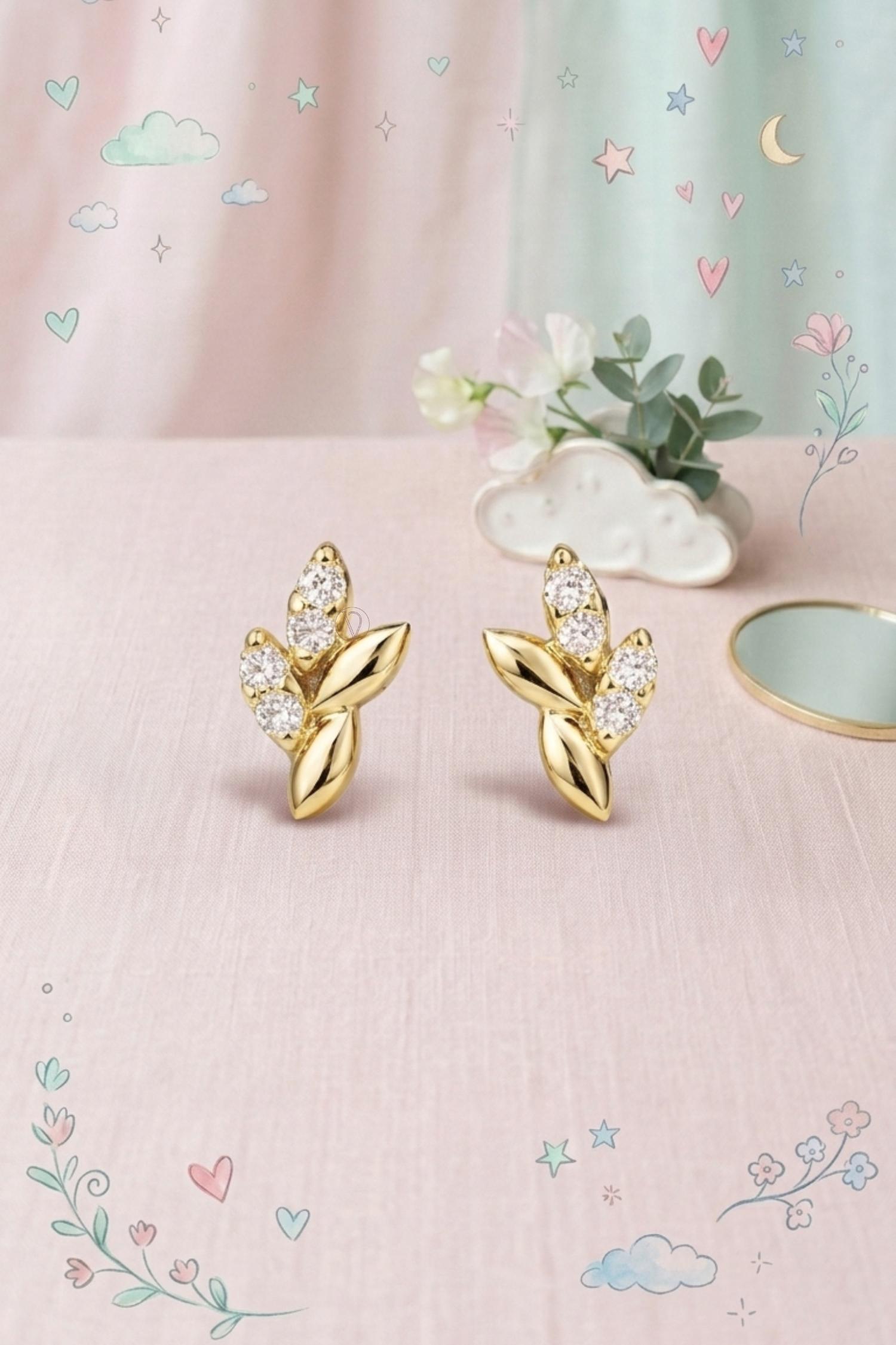 Kids Diamond Tiny Leaf Earrings