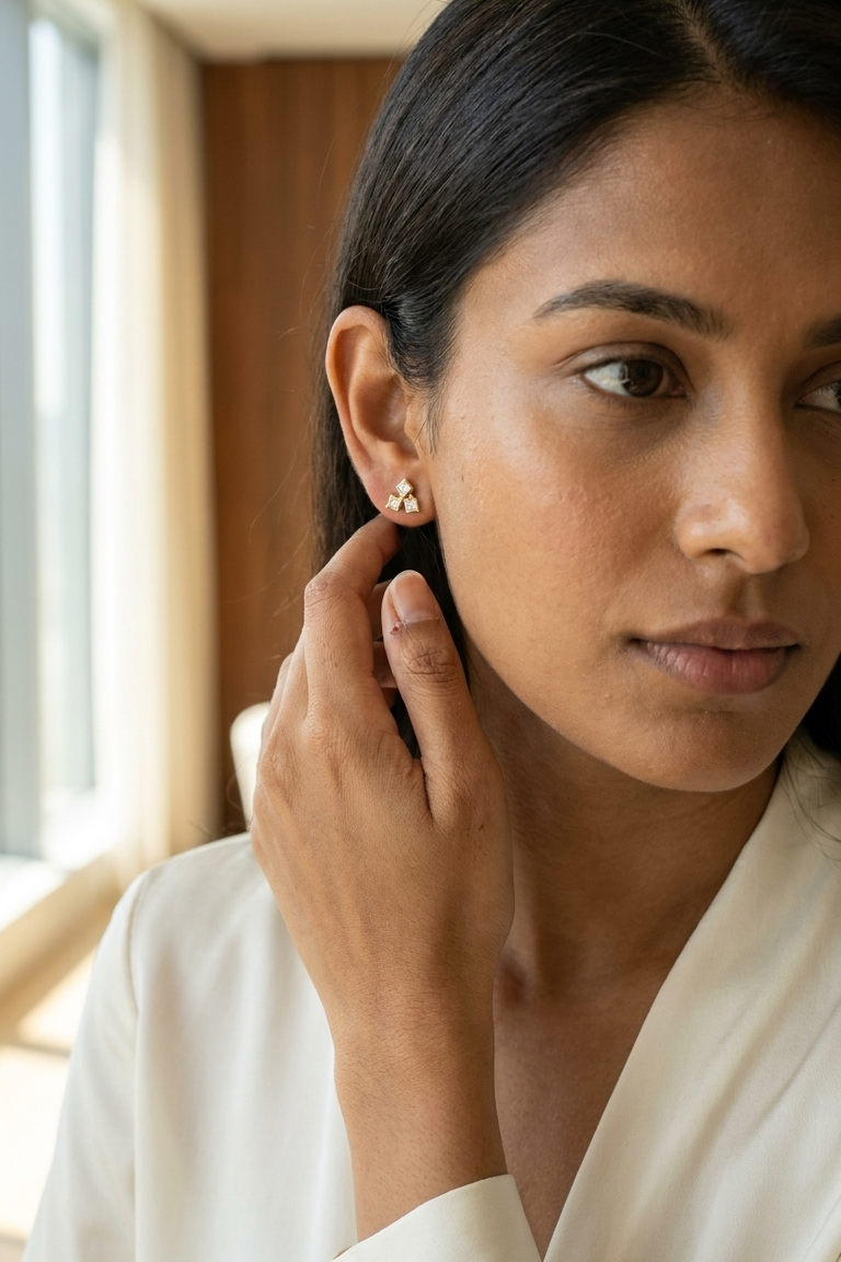 A close-up lifestyle shot of a woman wearing a delicate gold stud earring, touching her ear with her hand in a softly lit indoor setting.