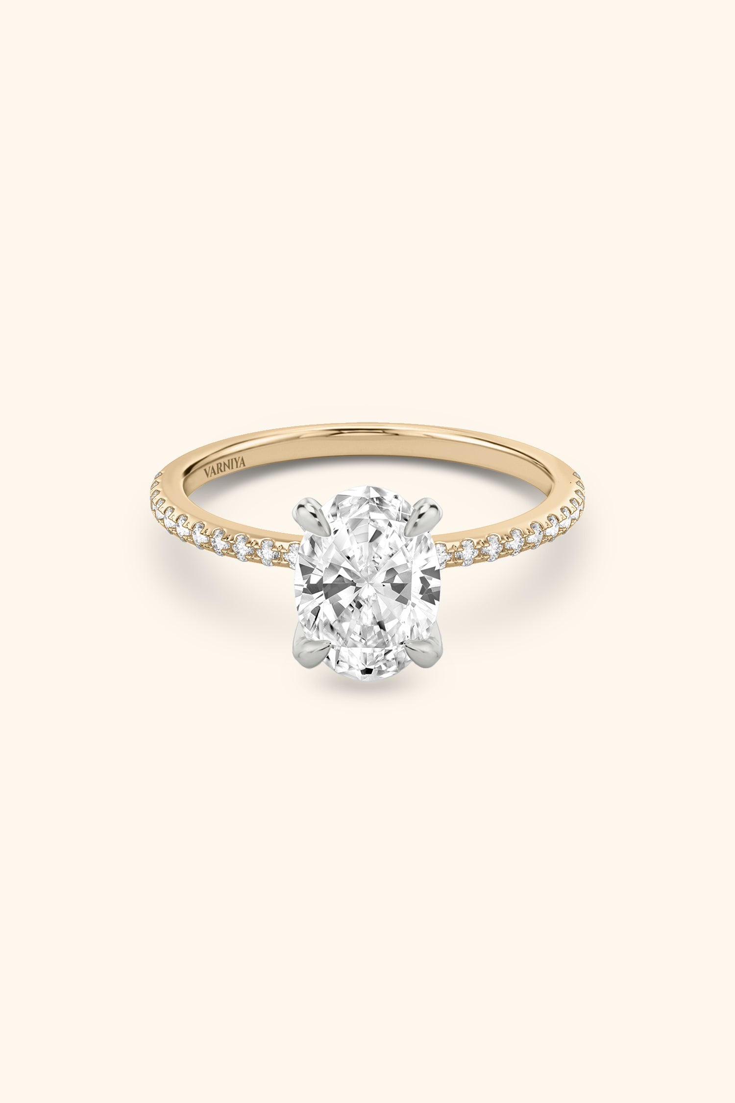 Dual Tone Glance Pavé Ring with 4 Carat Oval Solitaire