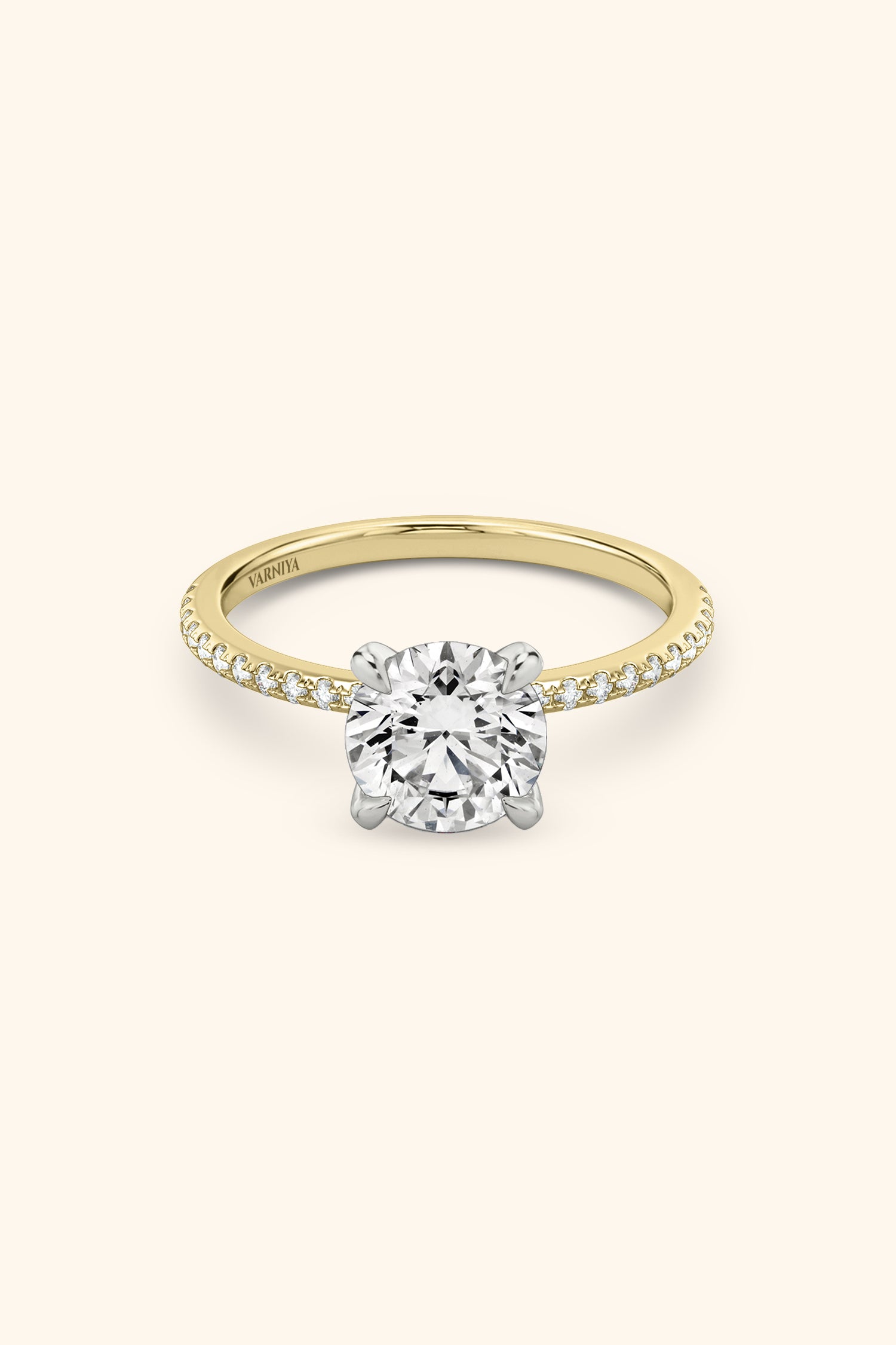 Dual Tone Glance Pave Ring with 4 Carat Round Brilliant Solitaire