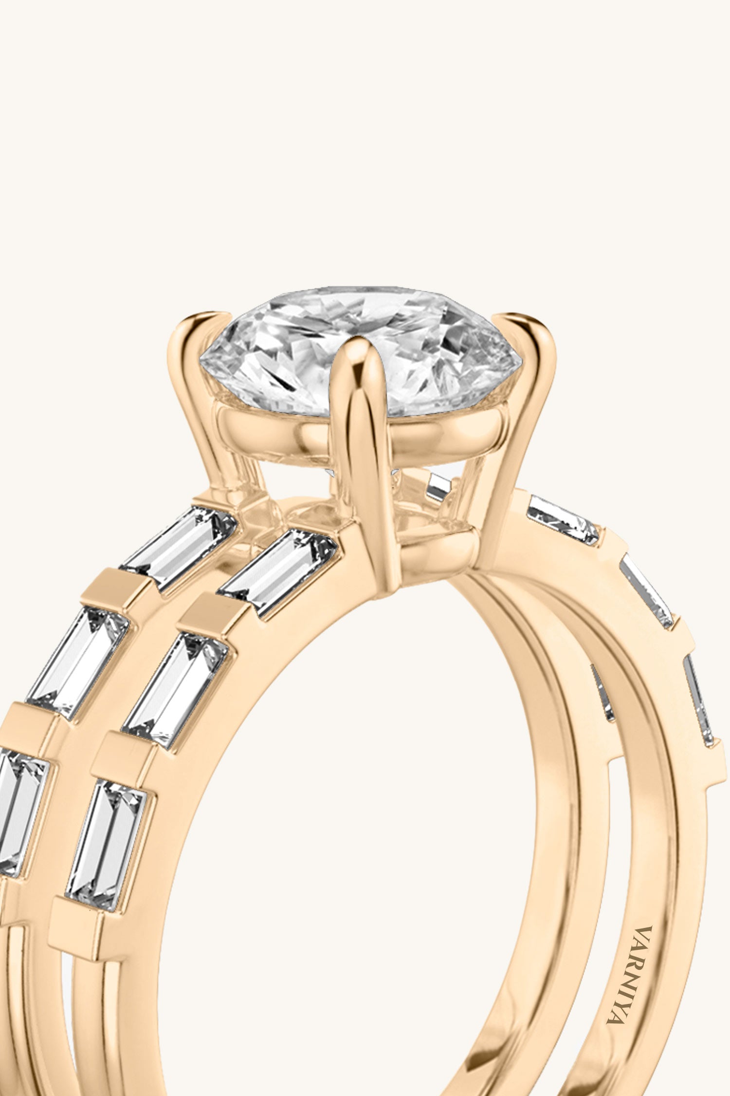 Bicephal Round Solitaire French Pavé Ring