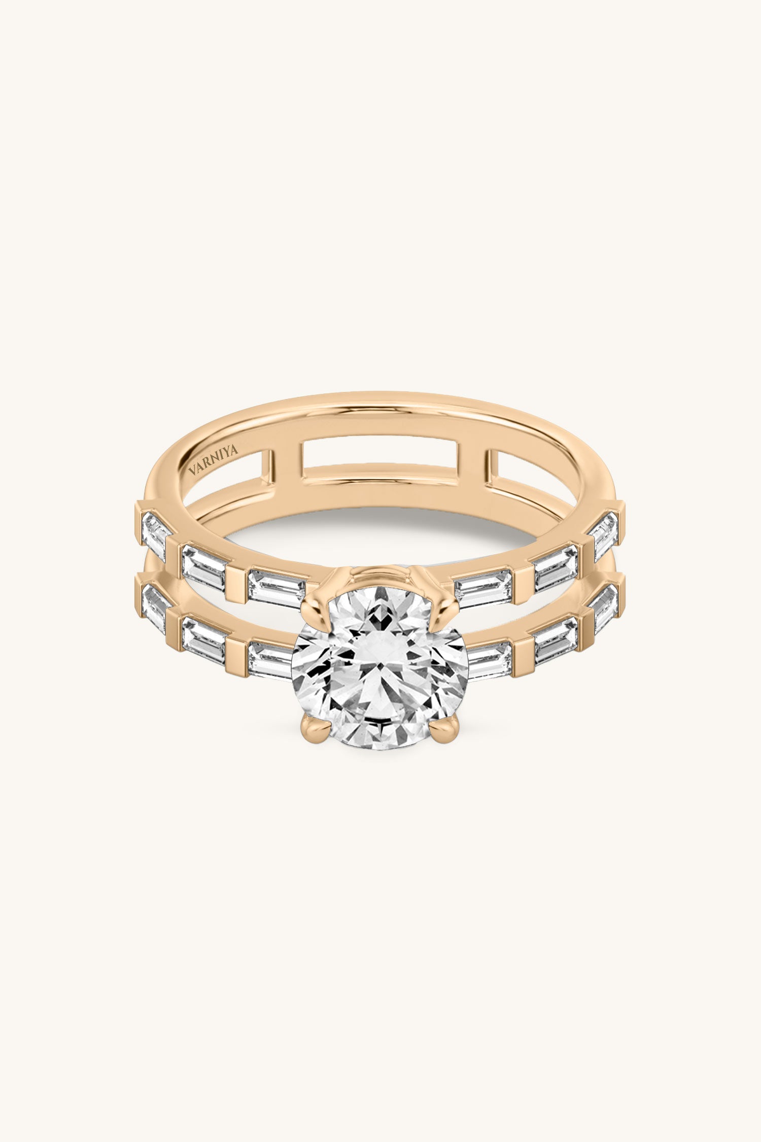 Bicephal Round Solitaire French Pavé Ring