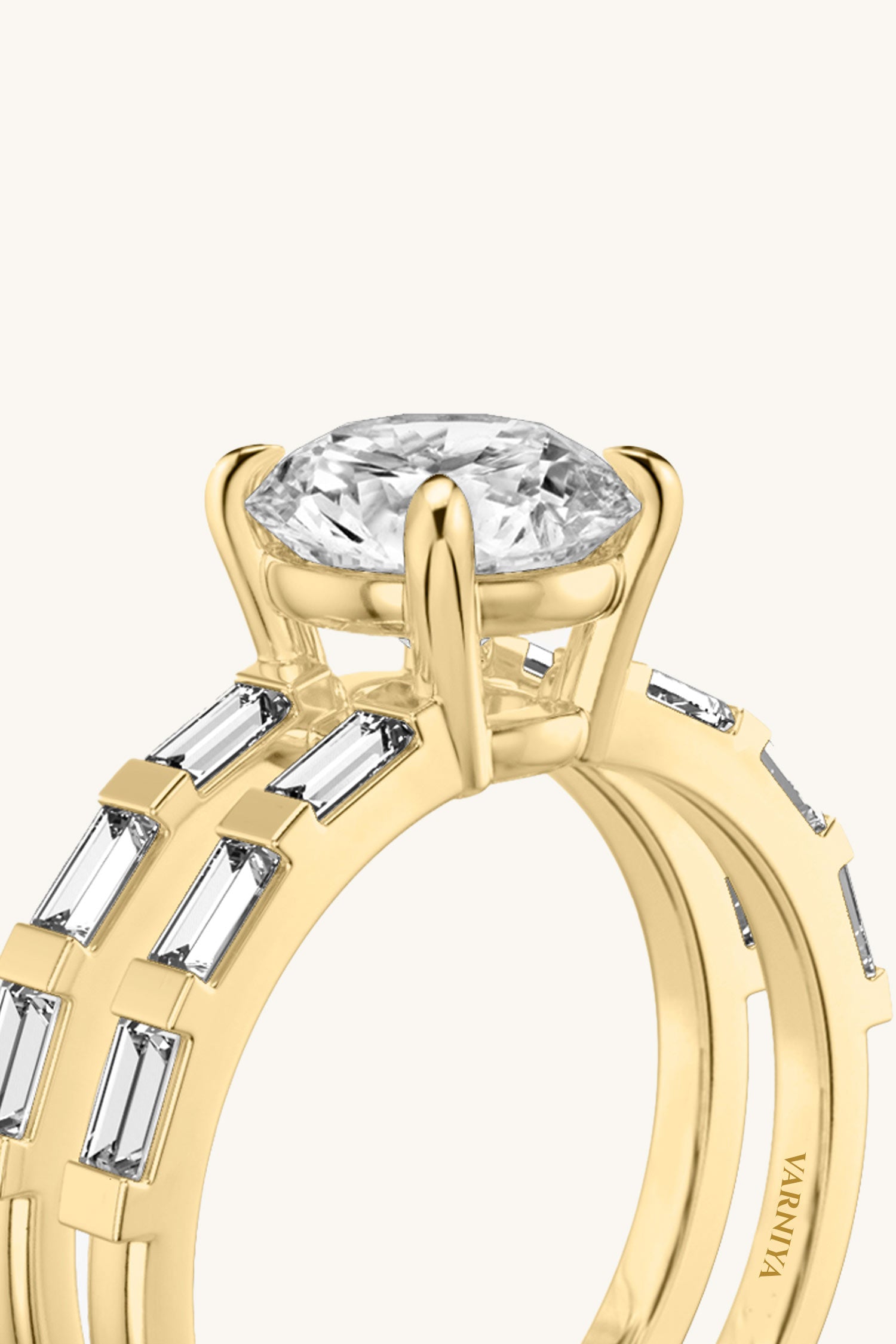 Bicephal Round Solitaire French Pavé Ring