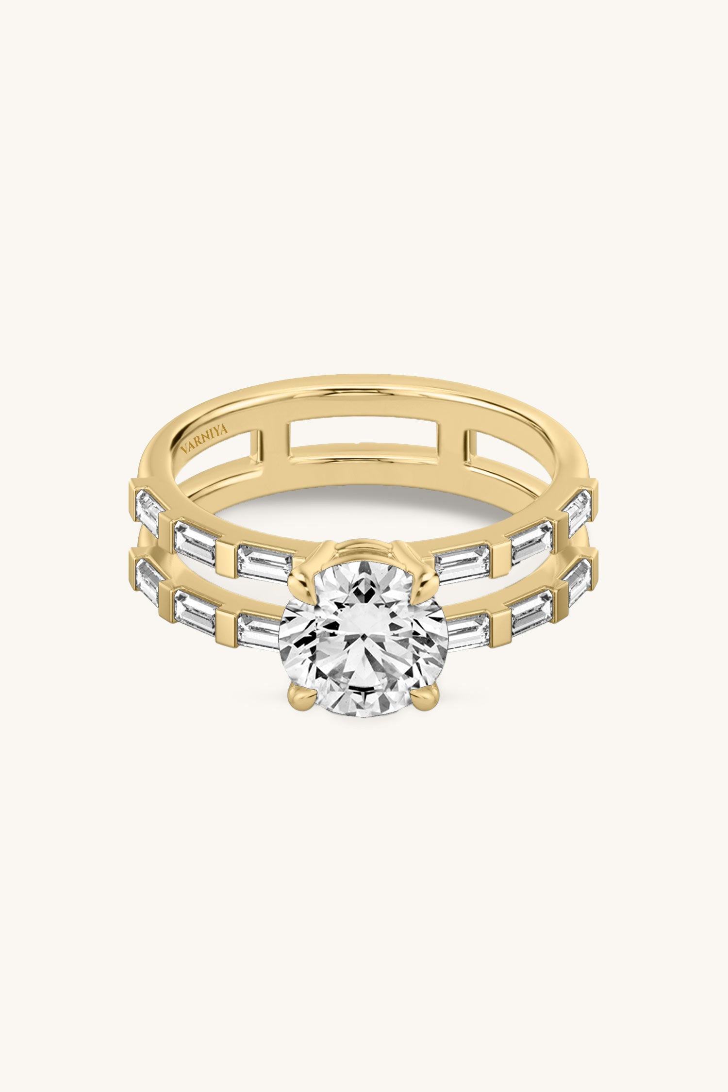 Bicephal Round Solitaire French Pavé Ring