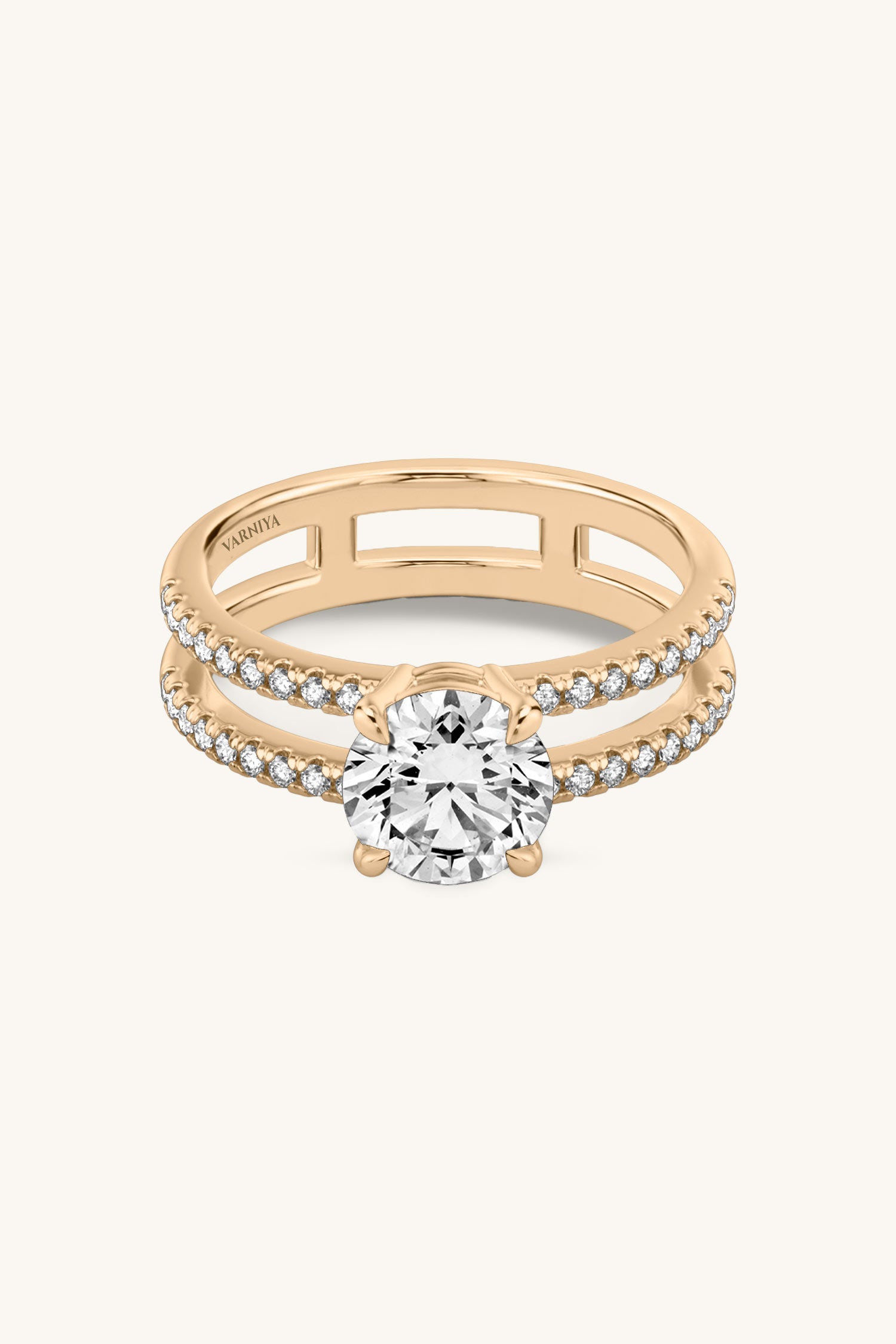 Bicephal Round Solitaire Pavé Ring