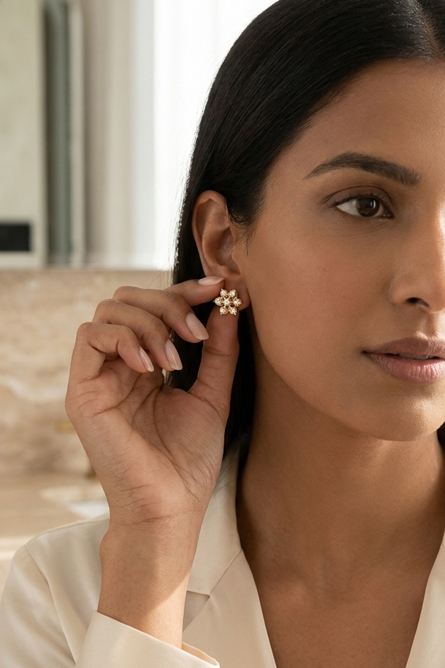 A woman wearing a white satin blouse and adjusting a small gold flower-shaped stud earring in a softly lit bathroom setting.