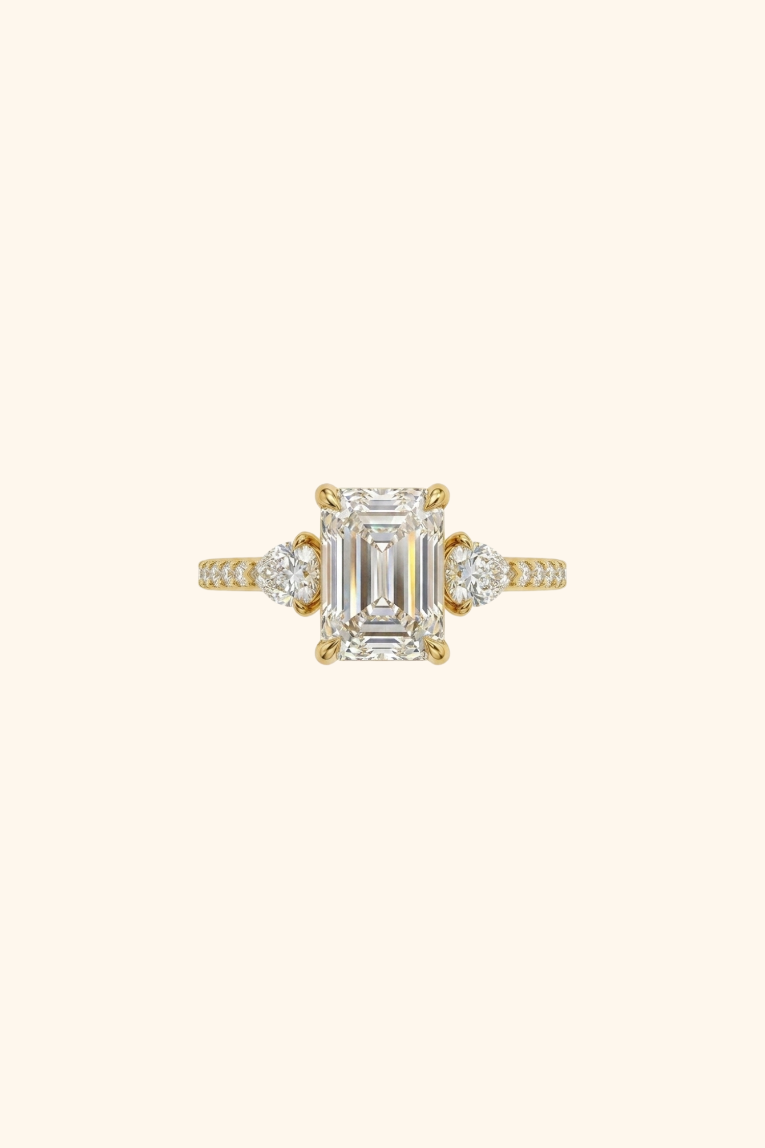 0.50Ct Trilogy Grace Emerald Solitaire Pavè Ring with Pear Side Stones in Ring Size 10