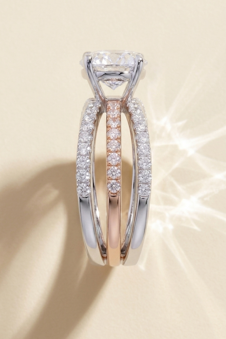 Estrella Triple Pave Ring with a Round Solitaire