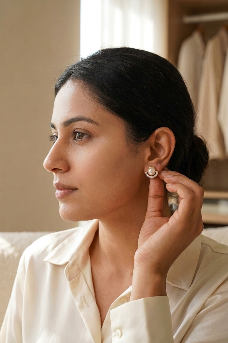 A woman in a cream-colored shirt is shown in profile, wearing a small silver hoop earring with a clear stone and touching her ear with her hand.